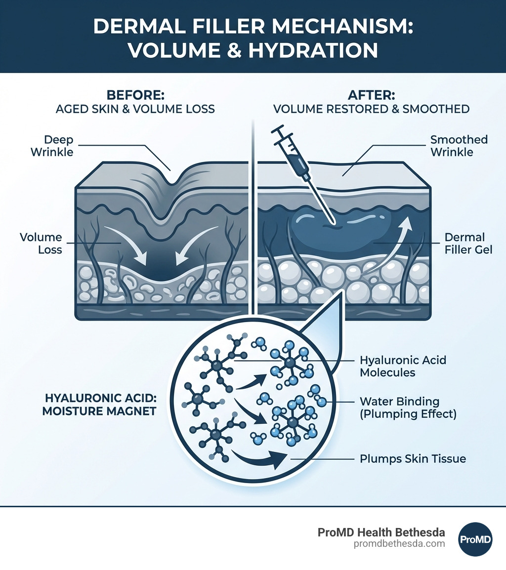 infographic showing dermal filler mechanism: injectable gel adds volume under skin surface, smoothing wrinkles and restoring fullness to hollow areas, with arrows indicating how hyaluronic acid binds water molecules to plump skin tissue - Dermal filler Bethesda infographic 
