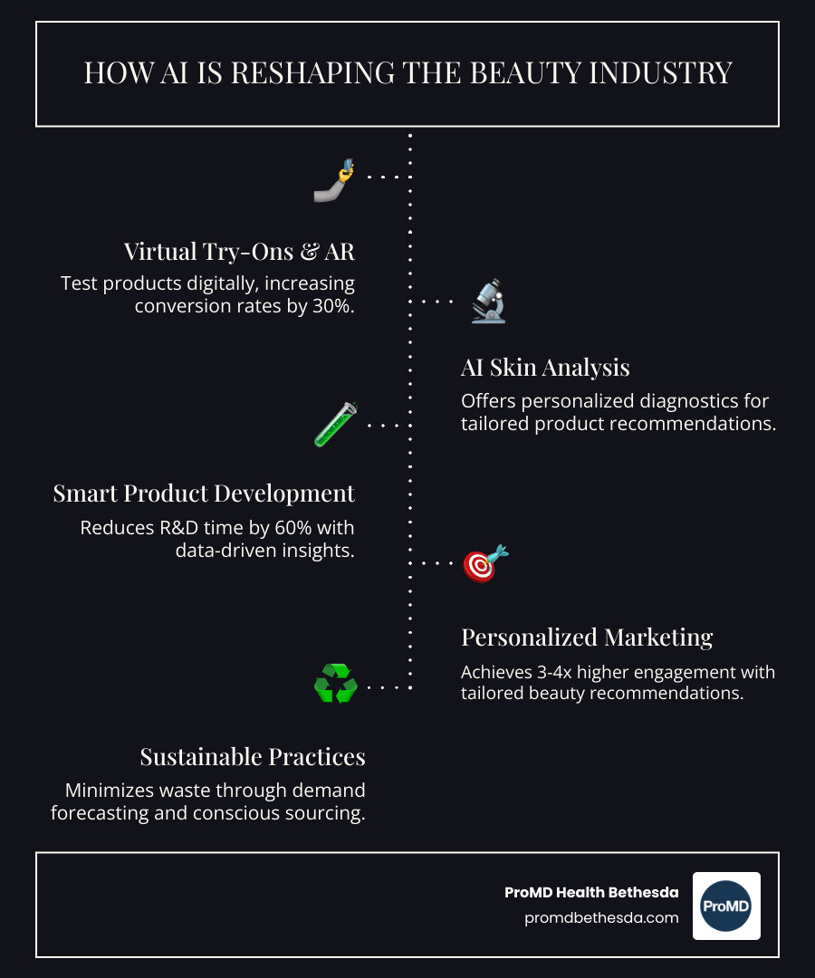 Infographic showing AI beauty technology applications across five key areas: Virtual Try-Ons and AR experiences with 30% conversion increase, AI Skin Analysis for personalized diagnostics, Smart Product Development reducing R&D time by 60%, Personalized Marketing with 3-4x higher engagement, and Sustainable Practices through demand forecasting and waste reduction - AI beauty technology infographic infographic-line-5-steps-dark