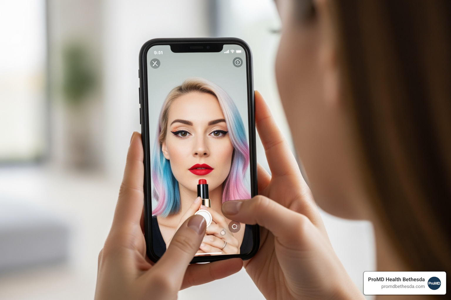 Person using a virtual try-on app on their phone - AI beauty technology