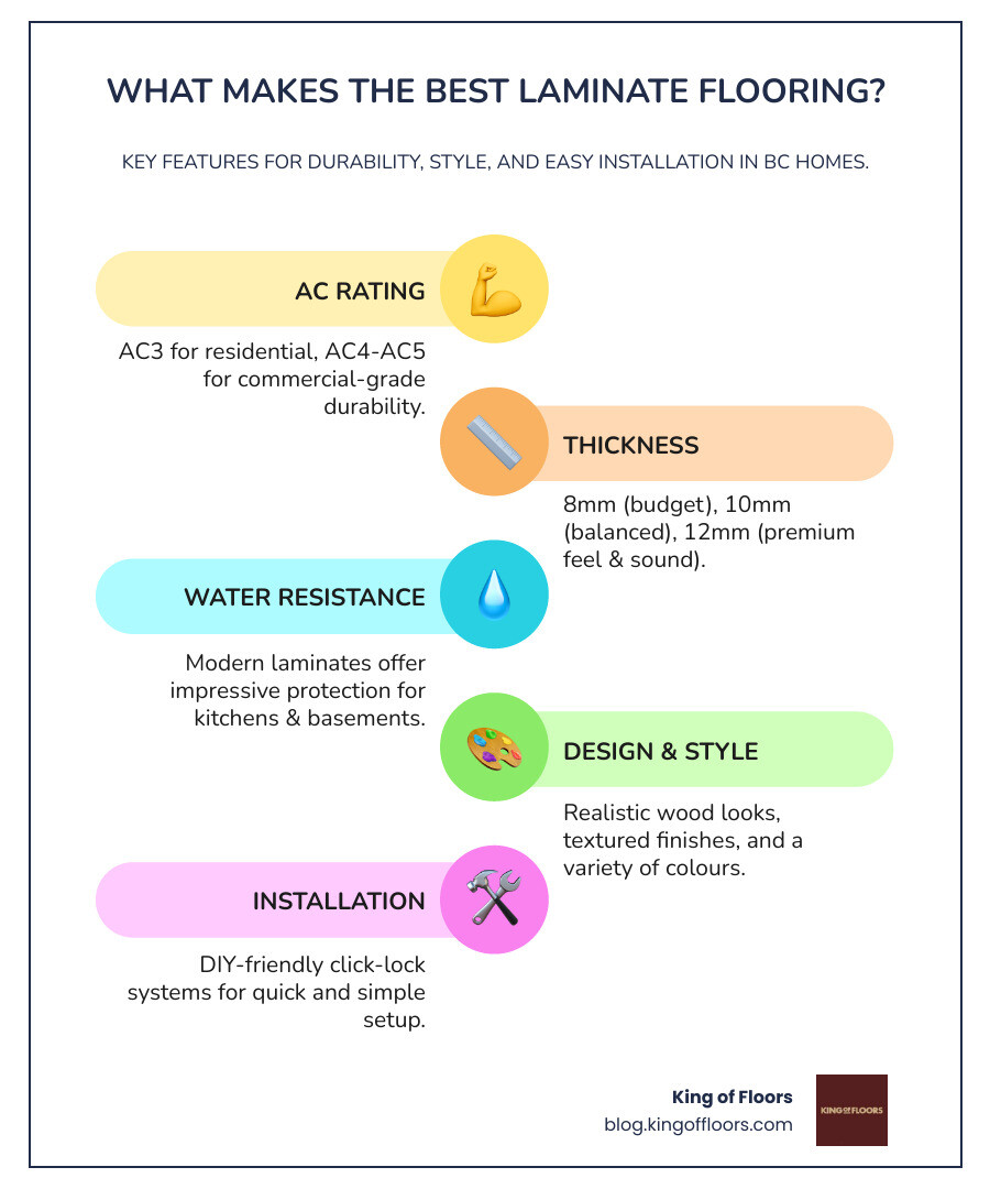 infographic showing the key features to look for in the best laminate flooring: AC rating for durability, thickness options from 8mm to 12mm, water resistance levels, European manufacturing quality, realistic wood-look designs, and click-lock installation systems - best laminate infographic infographic-line-5-steps-colors infographic showing the key features to look for in the best laminate flooring: AC rating for durability, thickness options from 8mm to 12mm, water resistance levels, European manufacturing quality, realistic wood-look designs, and click-lock installation systems - best laminate infographic infographic-line-5-steps-colors