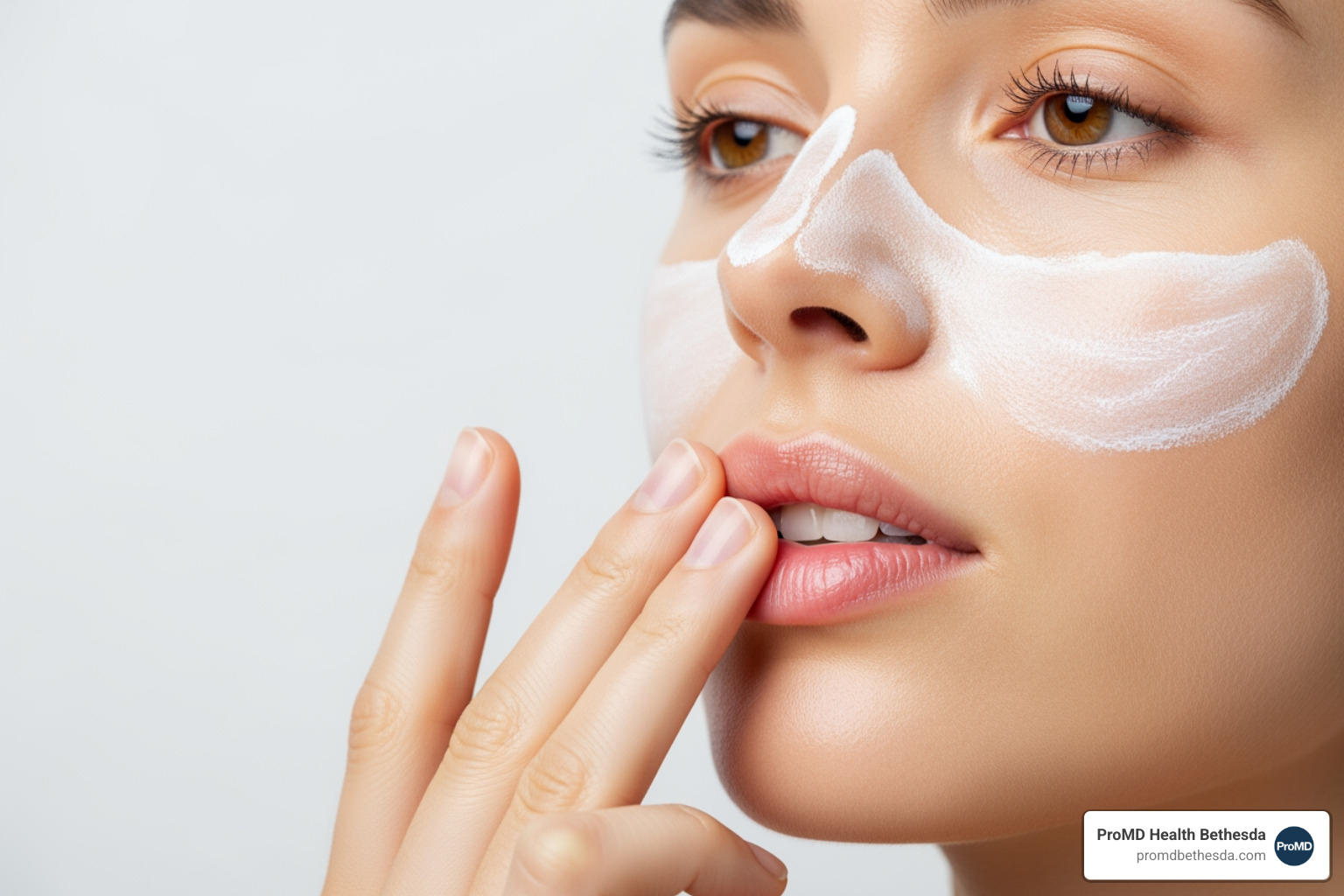 a person applying sunscreen to their face, including the lip area - smoker lines treatment