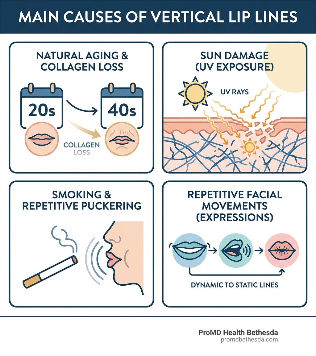 infographic showing four main causes of vertical lip lines: natural aging and collagen loss depicted by a calendar aging from 20s to 40s, sun damage shown with UV rays hitting skin, smoking with cigarette and repetitive puckering motion, and repetitive facial movements illustrated by lips forming different expressions - smoker lines treatment infographic 