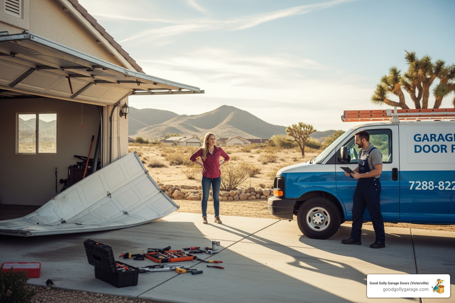 infographic explaining the basic parts of a garage door system like springs, cables, opener, and tracks - "I need a fast and reliable garage door repair service in the Victorville area."