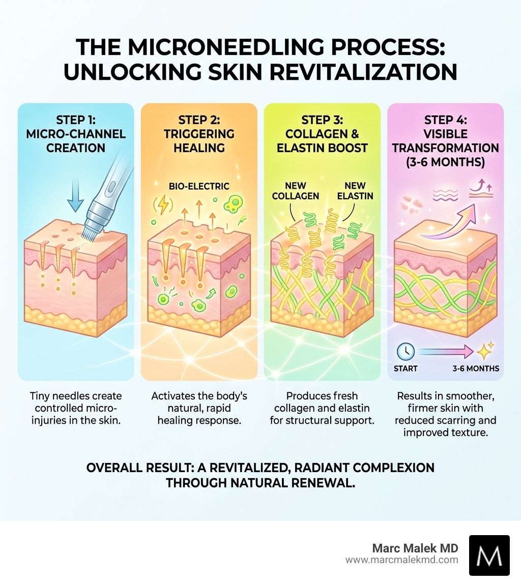 infographic showing the microneedling process: tiny needles create micro-channels in skin, triggering natural healing response, body produces new collagen and elastin, resulting in smoother firmer skin with reduced scarring and improved texture over 3-6 months - microneedling scottsdale infographic infographic showing the microneedling process: tiny needles create micro-channels in skin, triggering natural healing response, body produces new collagen and elastin, resulting in smoother firmer skin with reduced scarring and improved texture over 3-6 months - microneedling scottsdale infographic
