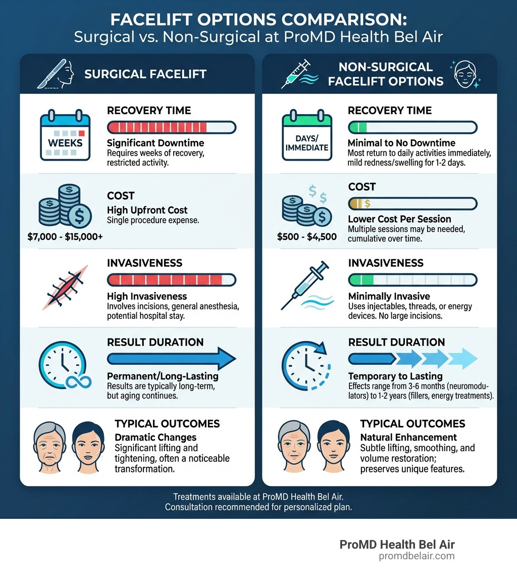 Infographic comparing surgical facelift versus non-surgical facelift options showing differences in recovery time, cost, invasiveness, result duration, and typical outcomes for treatments available at ProMD Health Bel Air - non surgical face lift before and after infographic 