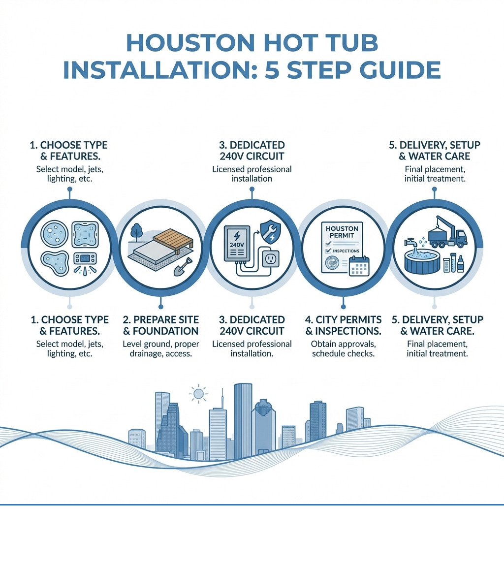 Infographic showing the 5 main steps of hot tub installation in Houston: 1) Choose your hot tub type and features, 2) Select and prepare your backyard location with proper foundation, 3) Install dedicated 240V electrical circuit with licensed electrician, 4) Obtain city permits and schedule inspections, 5) Complete delivery, setup, and initial water treatment - Hot tub installation Houston infographic Infographic showing the 5 main steps of hot tub installation in Houston: 1) Choose your hot tub type and features, 2) Select and prepare your backyard location with proper foundation, 3) Install dedicated 240V electrical circuit with licensed electrician, 4) Obtain city permits and schedule inspections, 5) Complete delivery, setup, and initial water treatment - Hot tub installation Houston infographic