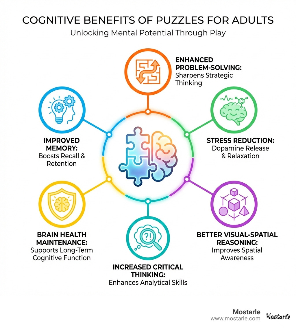 infographic showing the cognitive benefits of puzzles for adults, including improved memory, enhanced problem-solving skills, stress reduction through dopamine release, better visual-spatial reasoning, increased critical thinking, and brain health maintenance - puzzle ideas for adults infographic 