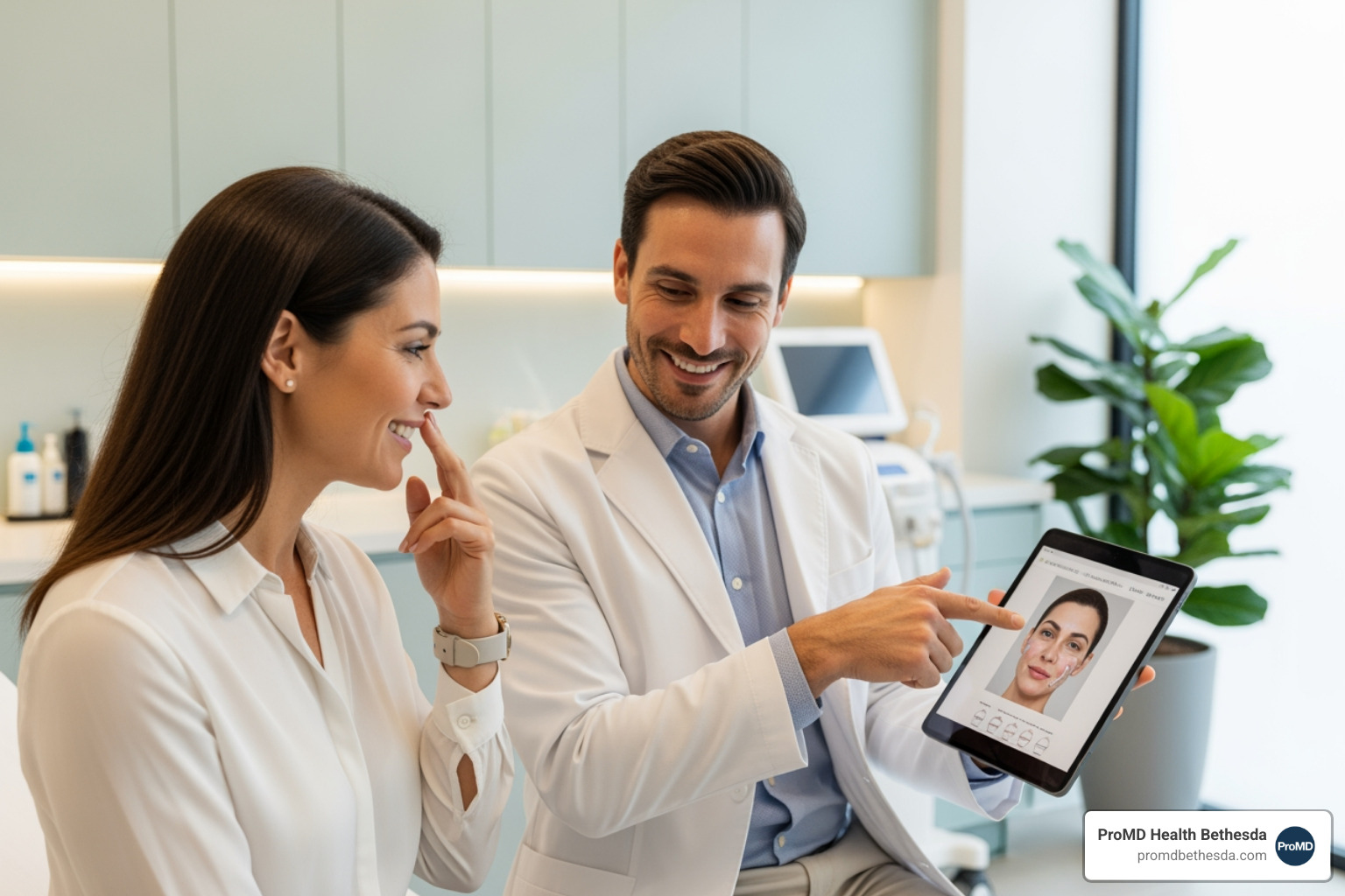 practitioner consulting with a patient - marionette lines filler