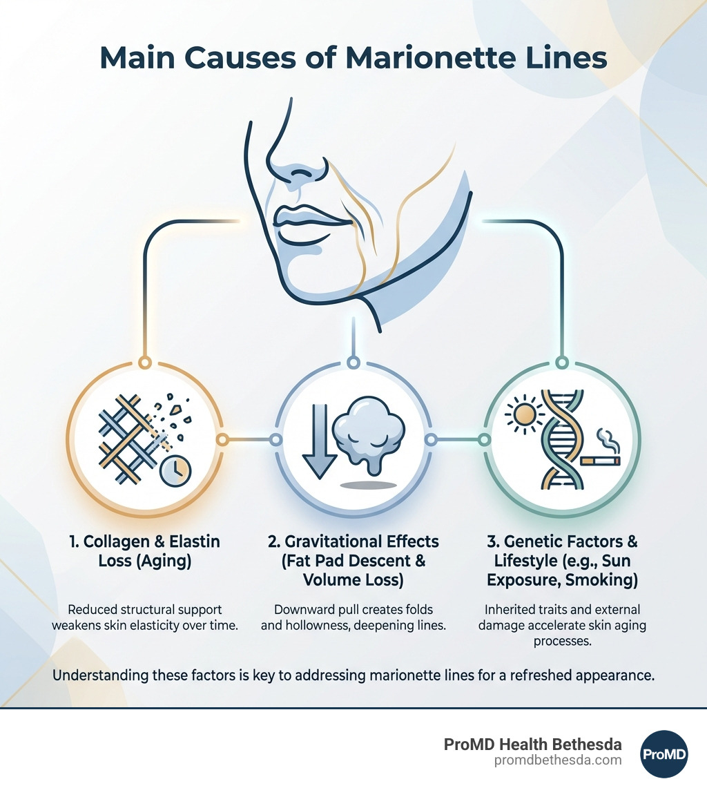 infographic showing the three main causes of marionette lines: collagen and elastin loss with aging, gravitational effects causing fat pad descent and volume loss, and genetic factors combined with lifestyle choices like sun exposure and smoking - marionette lines filler infographic 