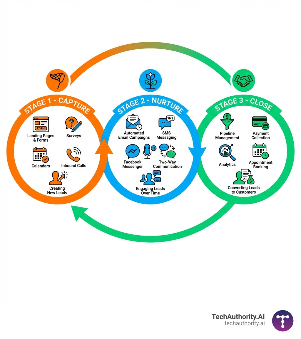 Infographic showing the three-stage lead management process: Stage 1 - Capture (landing pages, forms, surveys, calendars, inbound calls creating new leads), Stage 2 - Nurture (automated email campaigns, SMS messaging, voicemail drops, Facebook Messenger, two-way communication engaging leads over time), Stage 3 - Close (pipeline management, payment collection, analytics, appointment booking converting leads to customers). Arrows flow from Capture to Nurture to Close in a continuous cycle. - go high level demo infographic Infographic showing the three-stage lead management process: Stage 1 - Capture (landing pages, forms, surveys, calendars, inbound calls creating new leads), Stage 2 - Nurture (automated email campaigns, SMS messaging, voicemail drops, Facebook Messenger, two-way communication engaging leads over time), Stage 3 - Close (pipeline management, payment collection, analytics, appointment booking converting leads to customers). Arrows flow from Capture to Nurture to Close in a continuous cycle. - go high level demo infographic