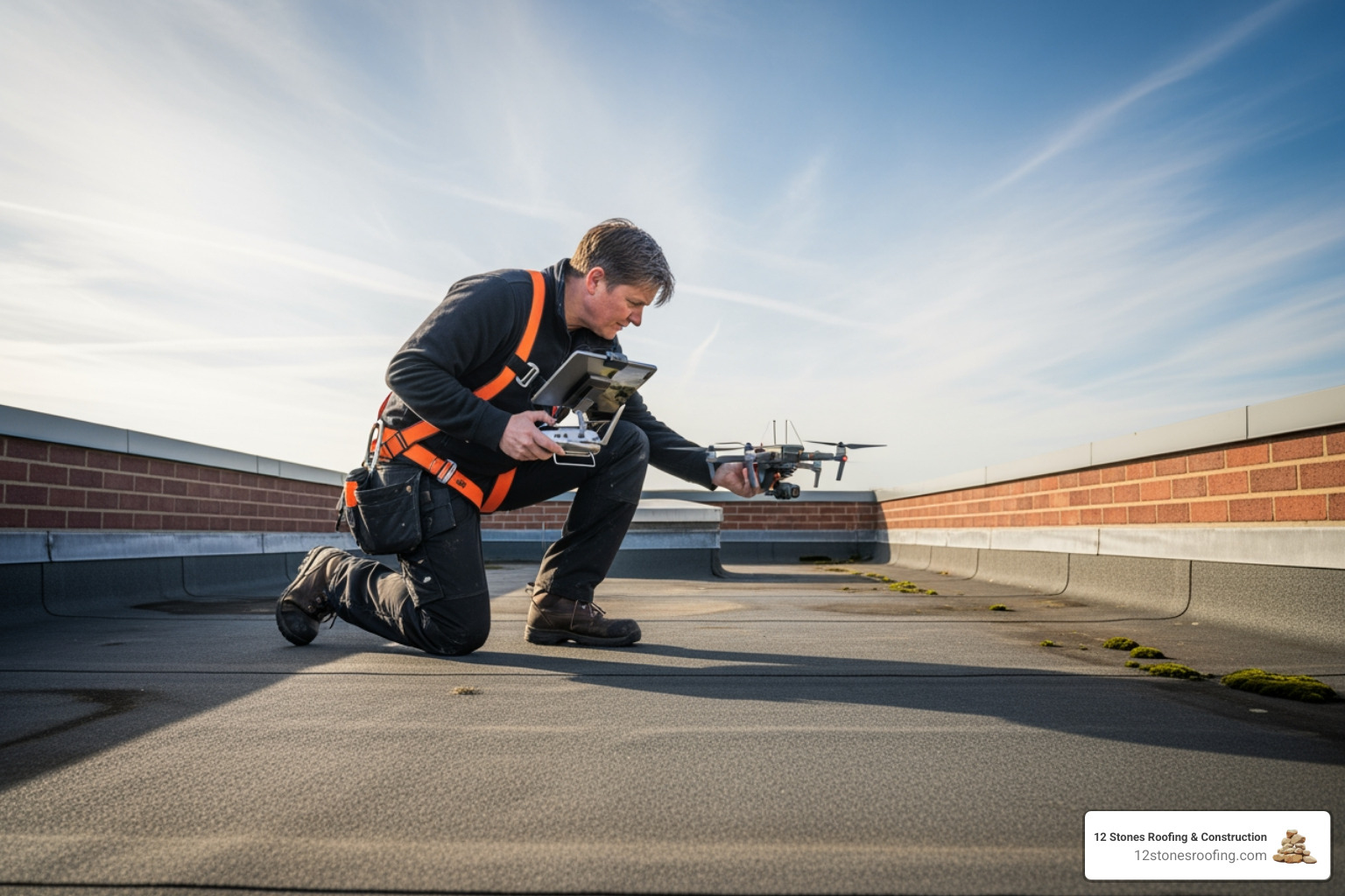 homeowner safely inspecting flat roof - residential flat roof repair homeowner safely inspecting flat roof - residential flat roof repair