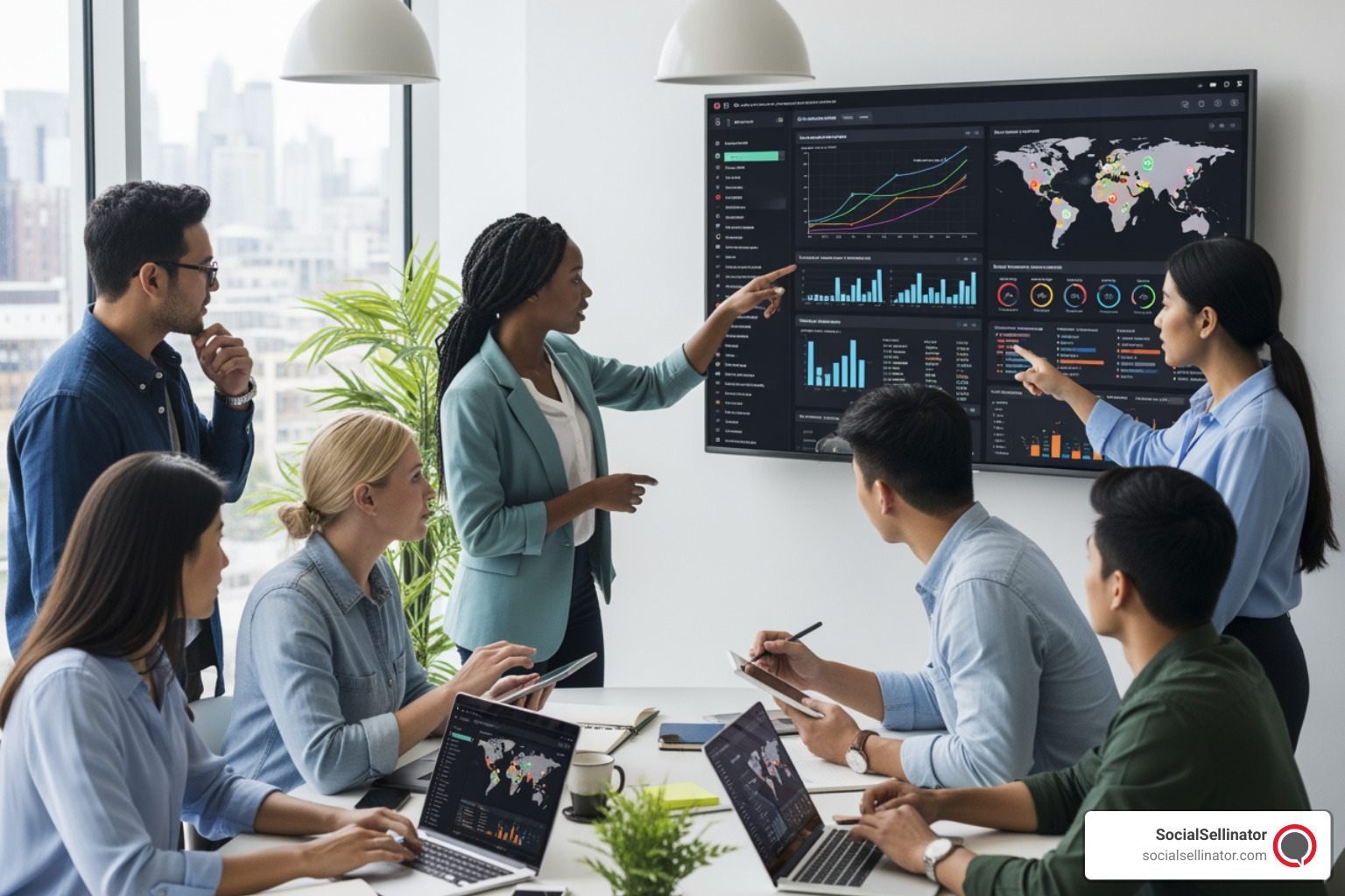 A diverse marketing team collaborating around a screen showing social media analytics, symbolizing the comprehensive role of a social media handler - social media handler