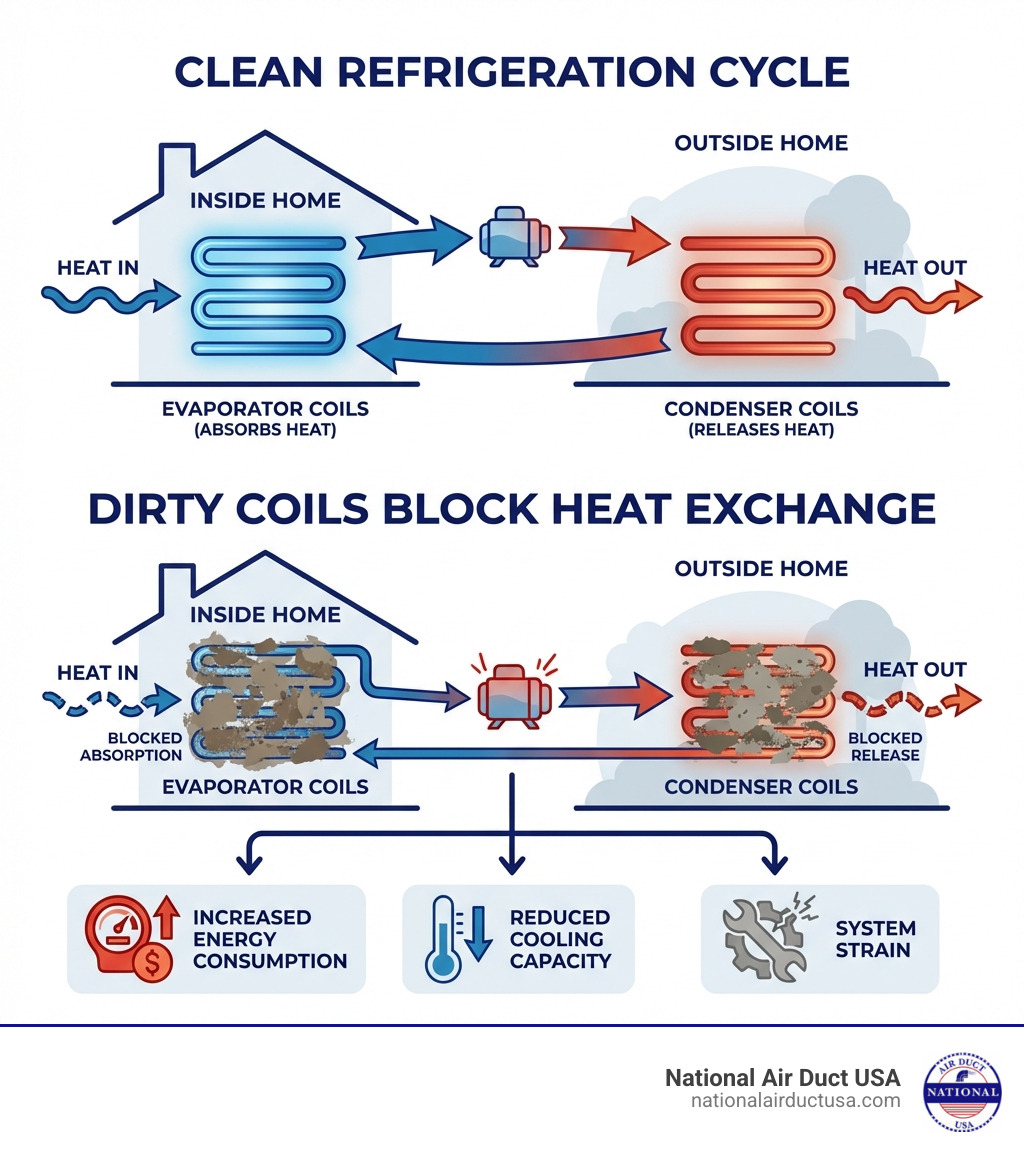 Infographic showing the refrigeration cycle with evaporator coils absorbing heat inside the home and condenser coils releasing heat outside, highlighting how dirty coils block this heat exchange process and lead to increased energy consumption, reduced cooling capacity, and system strain - clean coils hvac unit infographic Infographic showing the refrigeration cycle with evaporator coils absorbing heat inside the home and condenser coils releasing heat outside, highlighting how dirty coils block this heat exchange process and lead to increased energy consumption, reduced cooling capacity, and system strain - clean coils hvac unit infographic