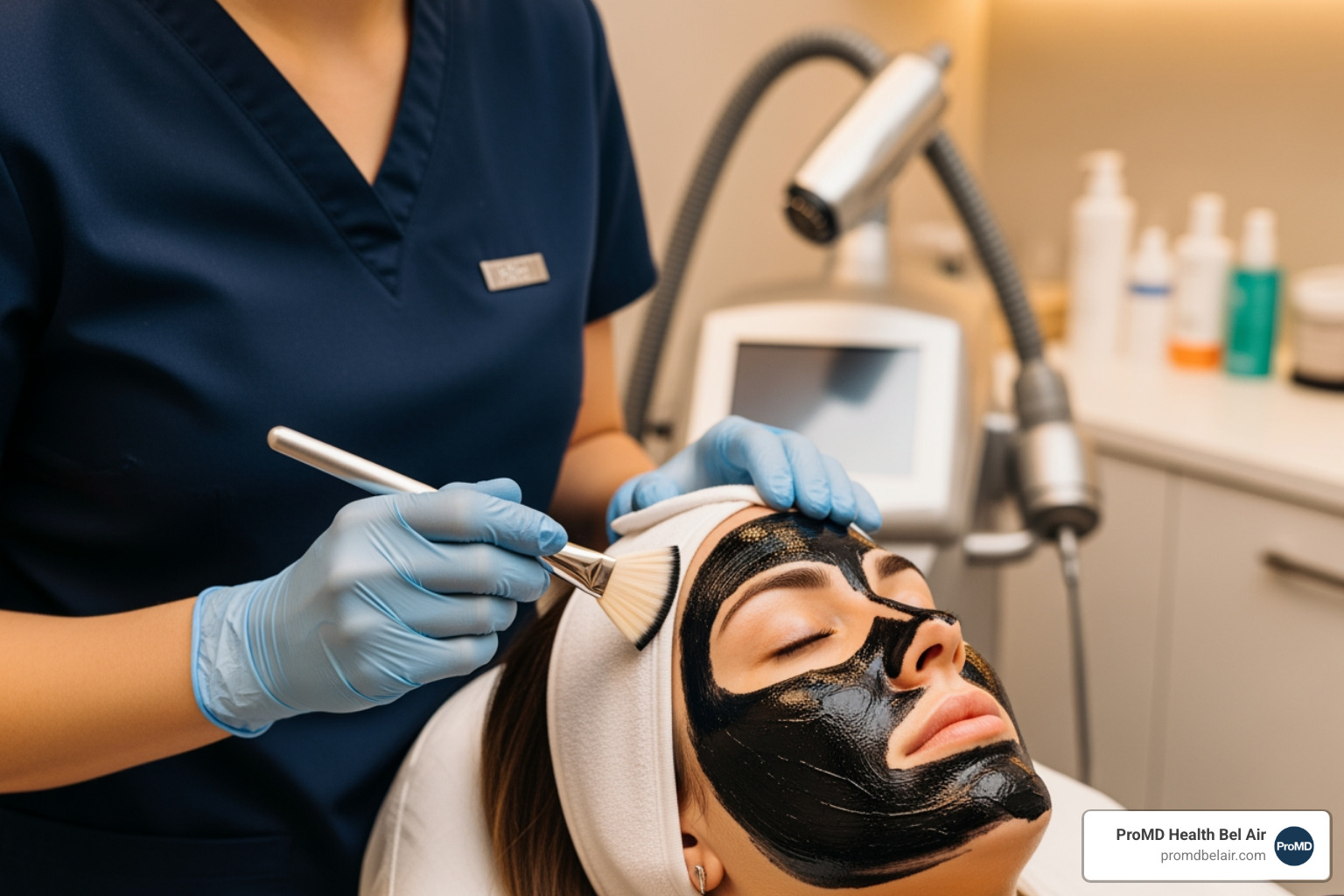 Aesthetician applying carbon lotion to a client's face for a carbon laser peel - carbon laser skin rejuvenation