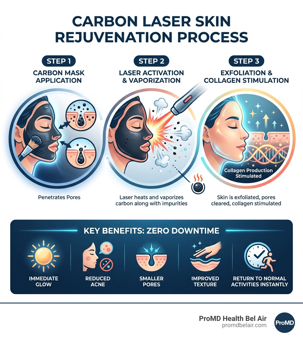 Infographic showing the carbon laser skin rejuvenation process: Step 1 - Carbon mask applied to face and penetrates pores; Step 2 - Laser heats and vaporizes carbon along with impurities; Step 3 - Skin is exfoliated, pores are cleared, and collagen production is stimulated; Benefits include immediate glow, reduced acne, smaller pores, and improved texture with zero downtime - carbon laser skin rejuvenation infographic 