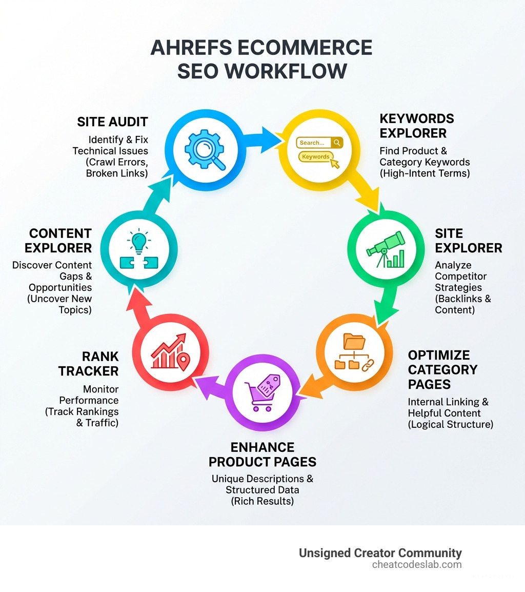 Infographic showing the Ahrefs ecommerce SEO workflow: Start with Site Audit to identify technical issues, use Keywords Explorer to find product and category keywords, analyze competitors with Site Explorer, optimize category pages with internal linking and helpful content, enhance product pages with unique descriptions and structured data, monitor performance with Rank Tracker, and use Content Explorer to find content gaps and opportunities - ahrefs ecommerce seo infographic 
