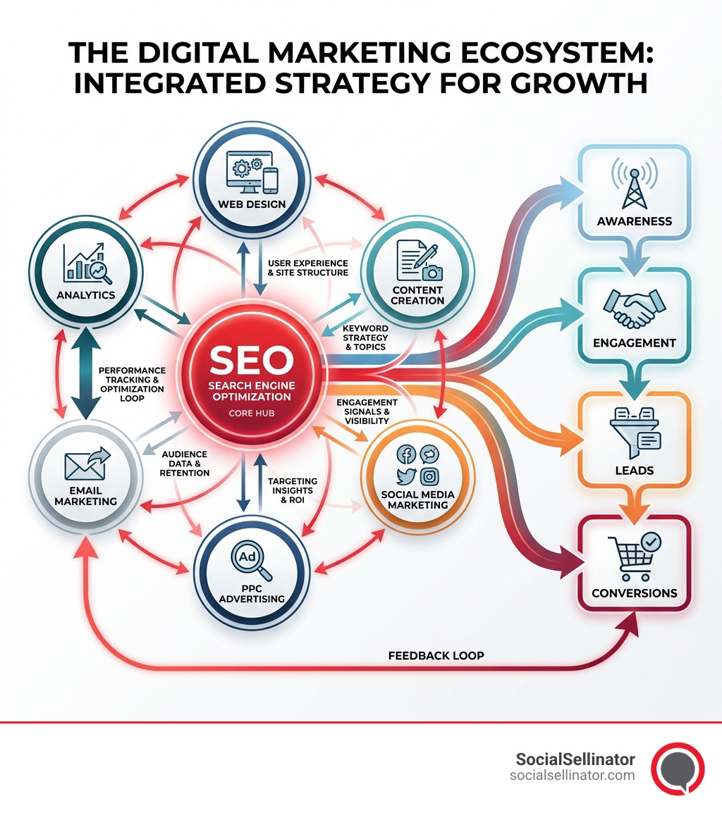Infographic showing the digital marketing ecosystem with interconnected services: SEO at the center connected to PPC Advertising, Social Media Marketing, Content Creation, Email Marketing, Web Design, and Analytics, with arrows showing how data flows between each service to create an integrated strategy that drives awareness, engagement, leads, and conversions - agence de digital marketing infographic 