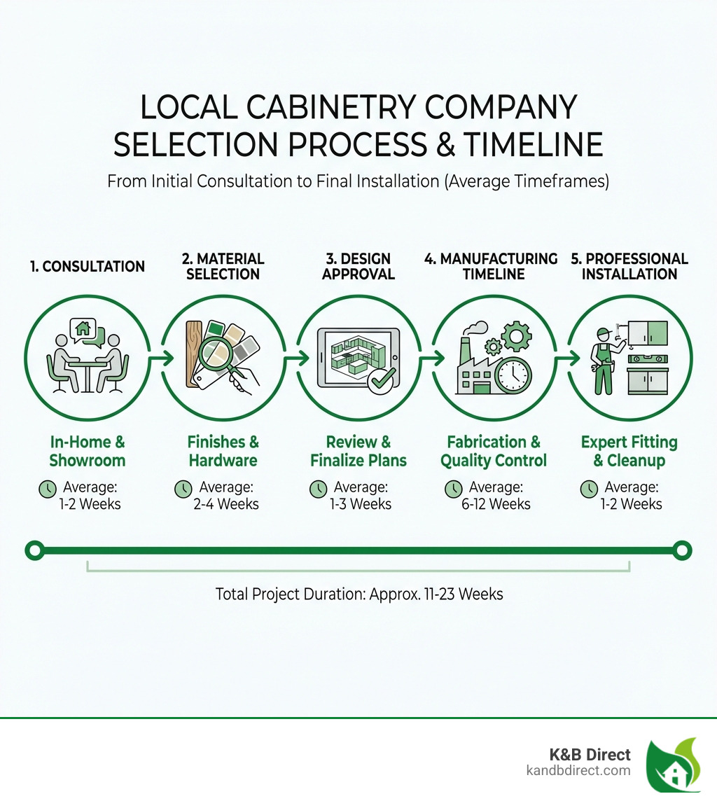 infographic showing the process of selecting local cabinetry companies including consultation, material selection, design approval, manufacturing timeline, and professional installation with average timeframes for each stage - cabinetry companies near me infographic infographic showing the process of selecting local cabinetry companies including consultation, material selection, design approval, manufacturing timeline, and professional installation with average timeframes for each stage - cabinetry companies near me infographic