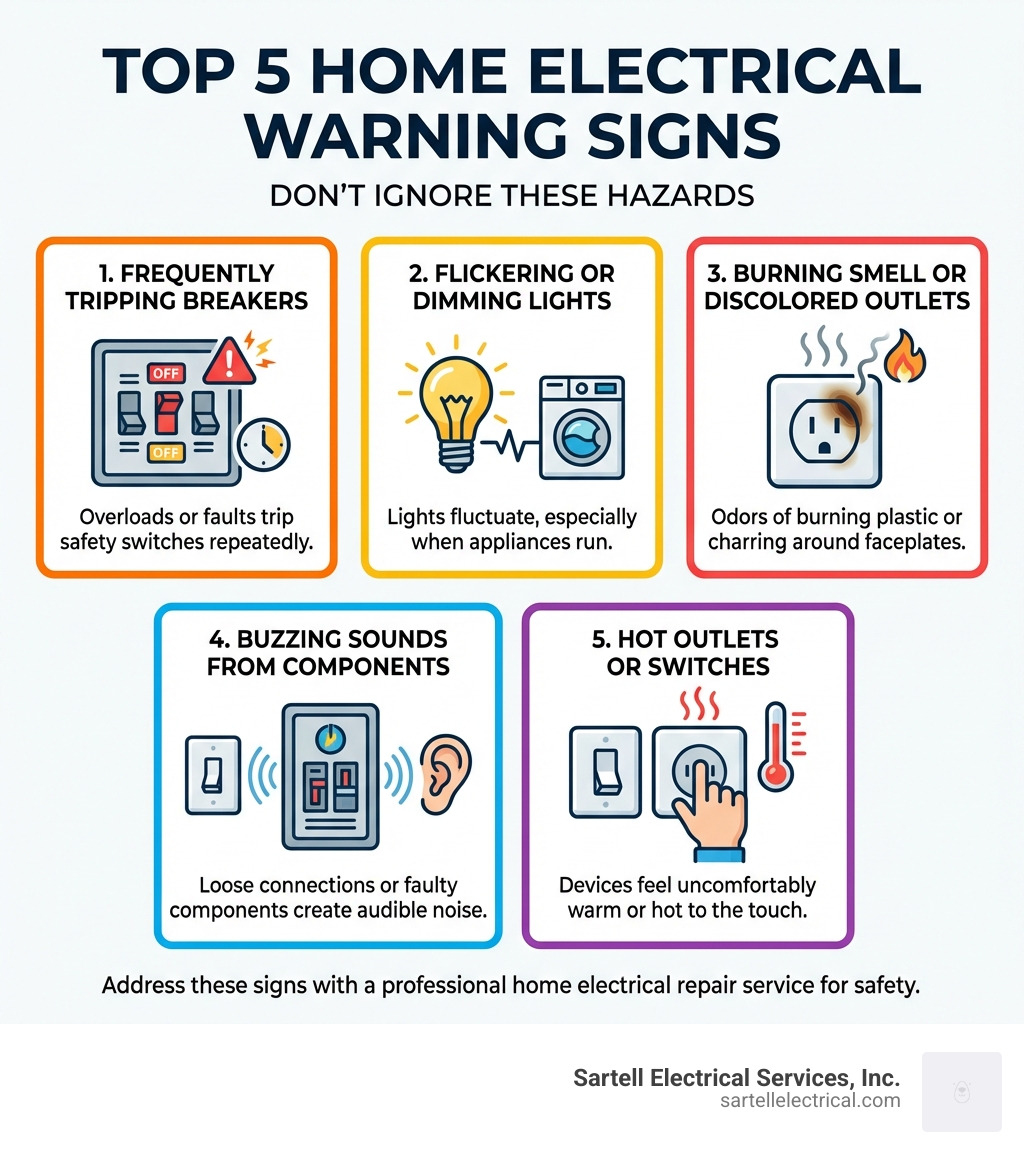 Infographic showing the top 5 warning signs of home electrical problems: 1) Circuit breakers that trip frequently, 2) Flickering or dimming lights when appliances run, 3) Burning smell or discolored outlets, 4) Buzzing sounds from switches or panels, 5) Outlets or switches hot to the touch - home electrical repair service infographic 