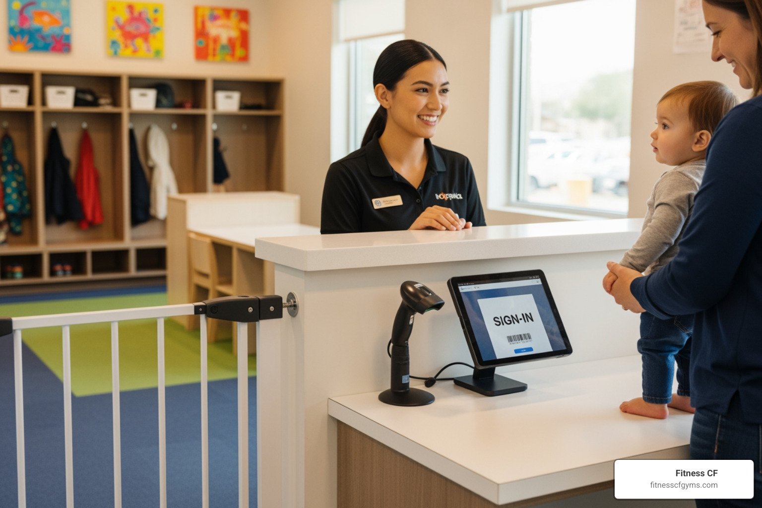 secure check-in desk at gym daycare - gym with daycare