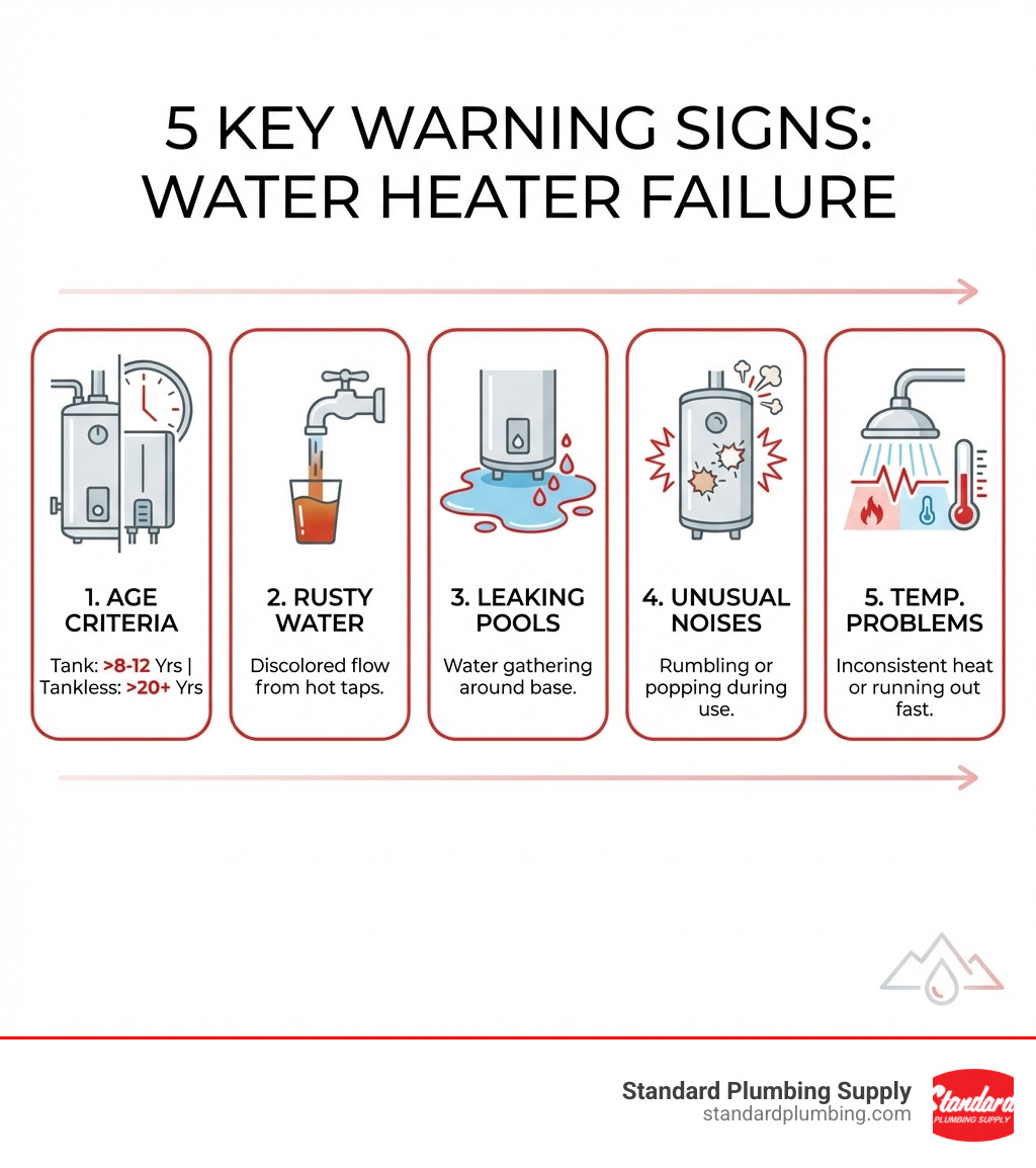 Infographic showing 5 key warning signs your water heater is failing: 1) Age over 8-12 years for tank or 20+ years for tankless, 2) Rusty or discolored water coming from hot taps, 3) Leaking water pooling around the base, 4) Rumbling or popping noises during operation, 5) Inconsistent water temperature or running out of hot water quickly - water heaters Salt Lake City infographic 