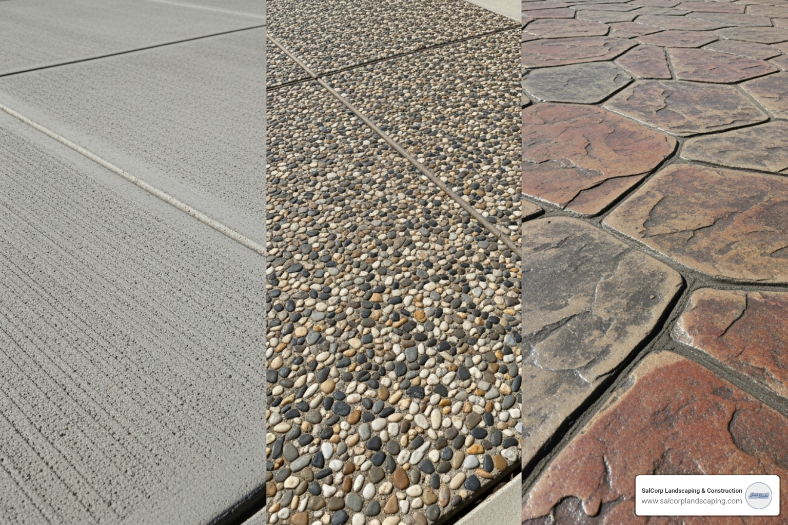 side-by-side comparison of broom finish, exposed aggregate, and stamped concrete—all available from SalCorp Landscaping & Construction - concrete patio contractors near me