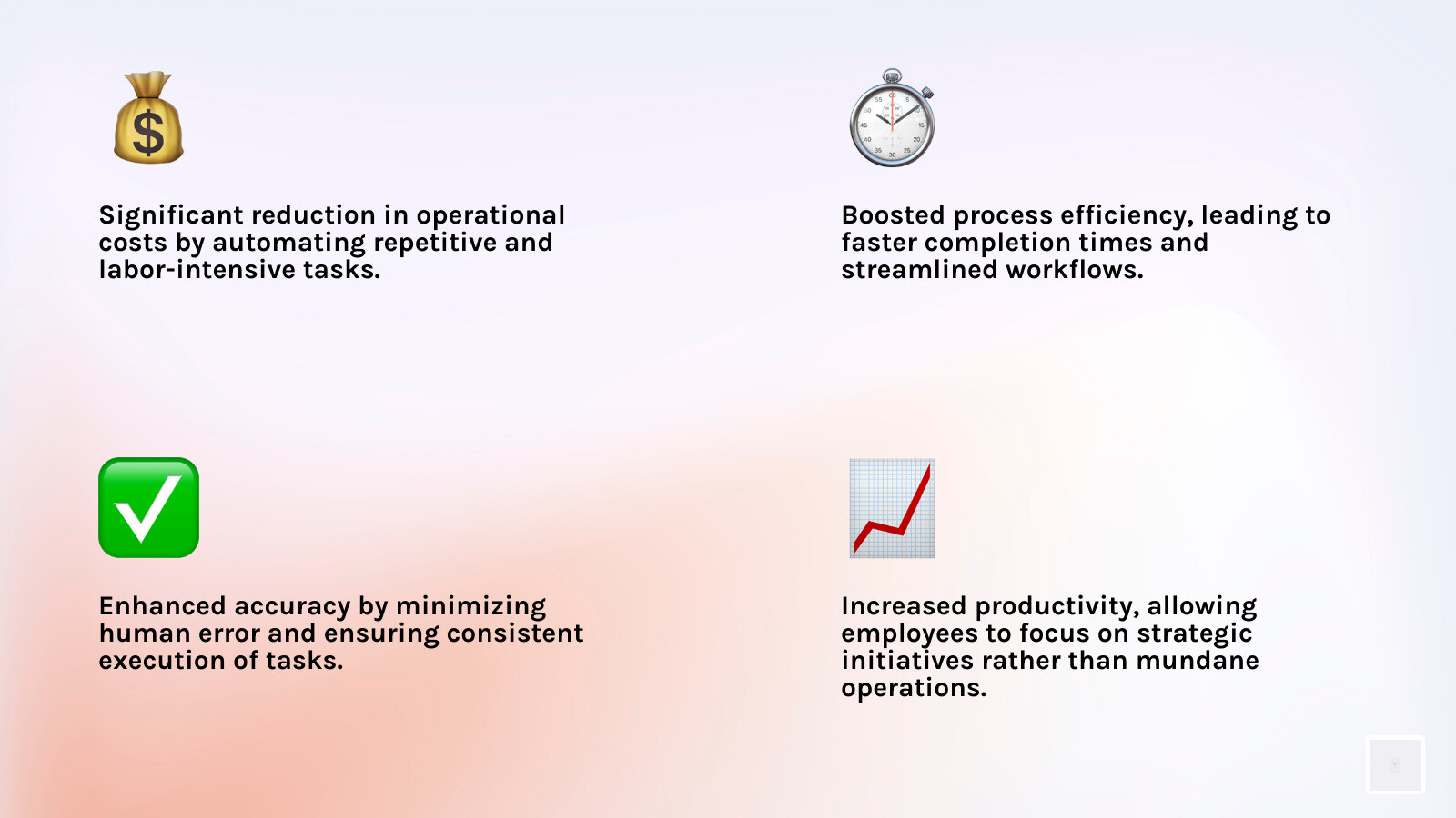 Infographic showing the core benefits of business automation: cost savings, efficiency, and accuracy - business automation infographic 4_facts_emoji_light-gradient