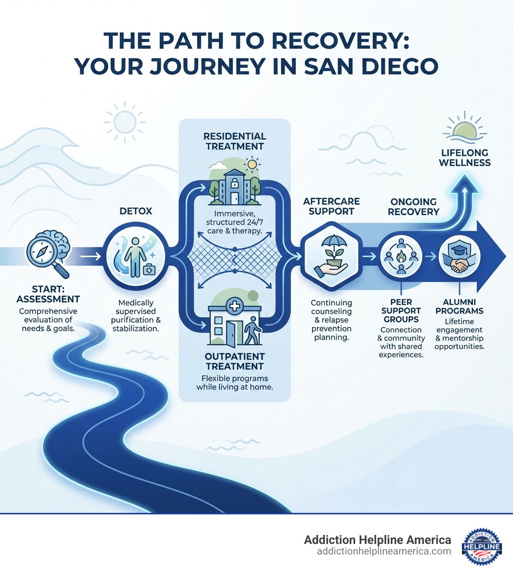 Infographic showing the path to recovery: Assessment leads to Detox, then Residential or Outpatient Treatment, followed by Aftercare Support and Ongoing Recovery with peer support groups and alumni programs - drug rehab san diego infographic Infographic showing the path to recovery: Assessment leads to Detox, then Residential or Outpatient Treatment, followed by Aftercare Support and Ongoing Recovery with peer support groups and alumni programs - drug rehab san diego infographic