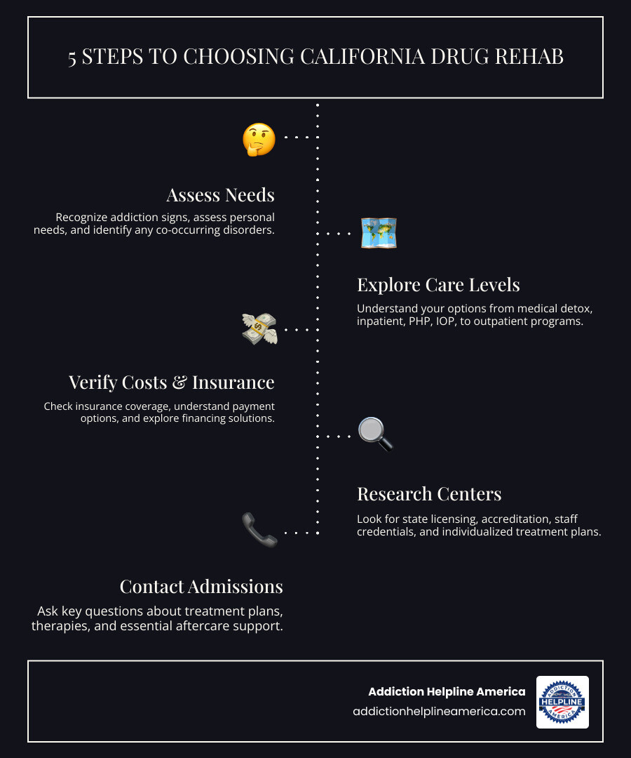 Infographic showing 5 key steps to choosing California drug rehab: 1) Recognize the signs and assess your needs including co-occurring disorders, 2) Understand your level of care options from detox to outpatient, 3) Verify insurance coverage and explore payment options, 4) Research facility credentials, accreditation, and staff qualifications, 5) Contact admissions and ask key questions about individualized treatment and aftercare - drug rehab california infographic infographic-line-5-steps-dark