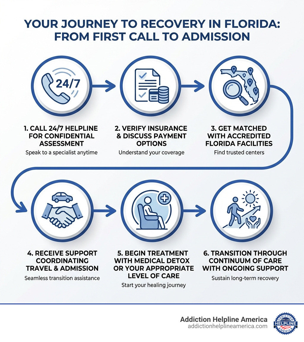 Infographic showing the journey from first call to admission: Step 1 - Call 24/7 helpline for confidential assessment; Step 2 - Verify insurance coverage and discuss payment options; Step 3 - Get matched with accredited Florida facilities; Step 4 - Receive support coordinating travel and admission; Step 5 - Begin treatment with medical detox or your appropriate level of care; Step 6 - Transition through continuum of care with ongoing support - rehab centers florida infographic 