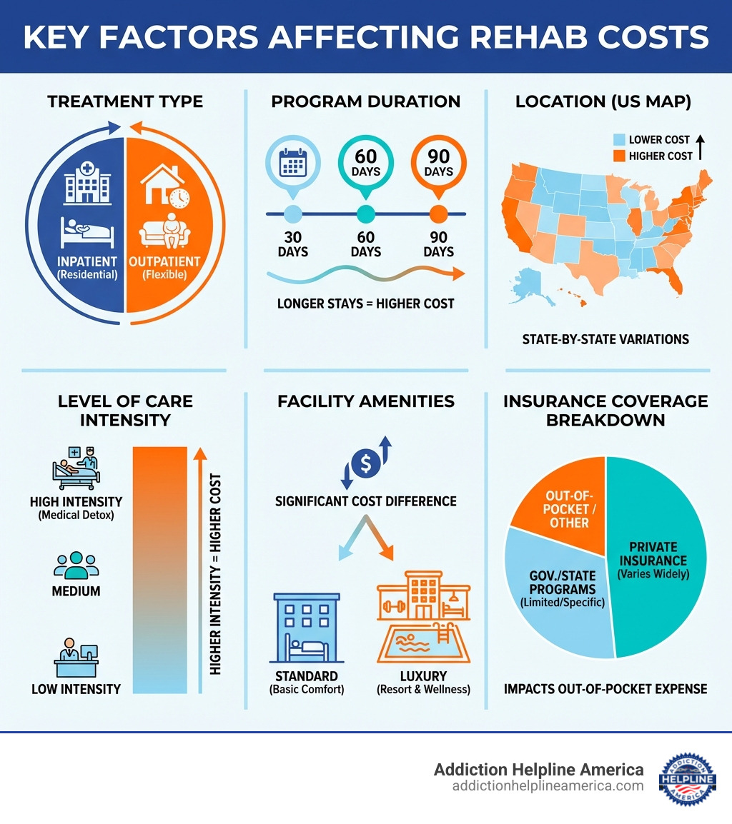 infographic showing key factors affecting rehab costs including treatment type with icons for inpatient and outpatient care, program duration with 30-60-90 day timelines, location with US map highlighting cost variations by state, level of care intensity shown as a gradient, facility amenities comparing standard versus luxury options, and insurance coverage breakdown - how much does rehab cost infographic 