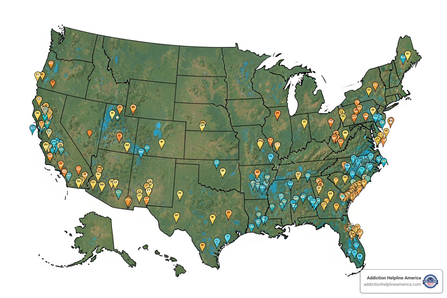 A map of the United States with various price tags indicating regional cost differences for rehab - how much does rehab cost