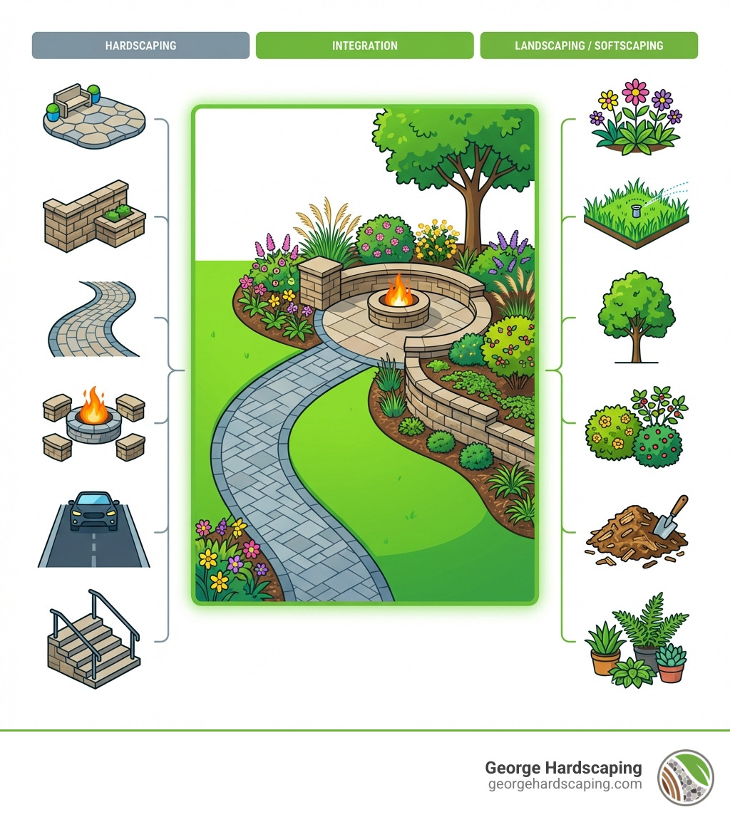 Infographic showing the difference between Hardscaping (non-living elements: patios, retaining walls, walkways, fire pits, driveways, steps) and Landscaping/Softscaping (living elements: plants, grass, trees, flowers, shrubs, mulch), with icons for each element and a center section showing how they integrate together to create a complete outdoor space - hardscaping and landscaping near me infographic Infographic showing the difference between Hardscaping (non-living elements: patios, retaining walls, walkways, fire pits, driveways, steps) and Landscaping/Softscaping (living elements: plants, grass, trees, flowers, shrubs, mulch), with icons for each element and a center section showing how they integrate together to create a complete outdoor space - hardscaping and landscaping near me infographic