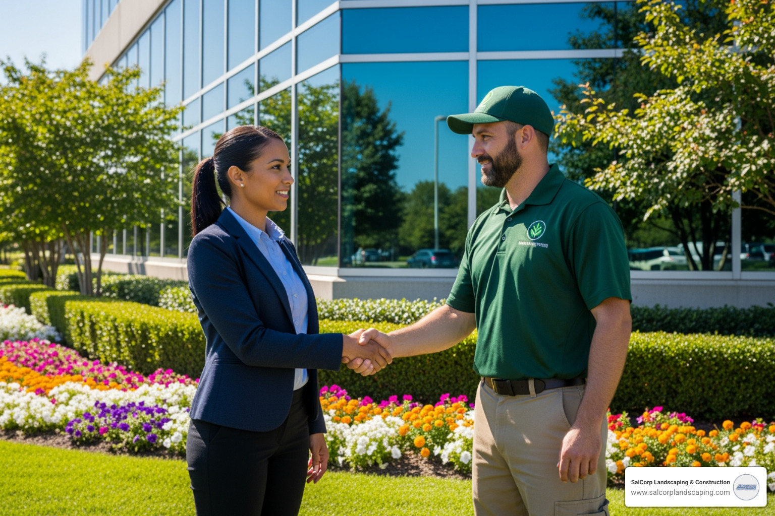 A property manager shaking hands with a uniformed landscaping professional - Commercial Lawn Maintenance