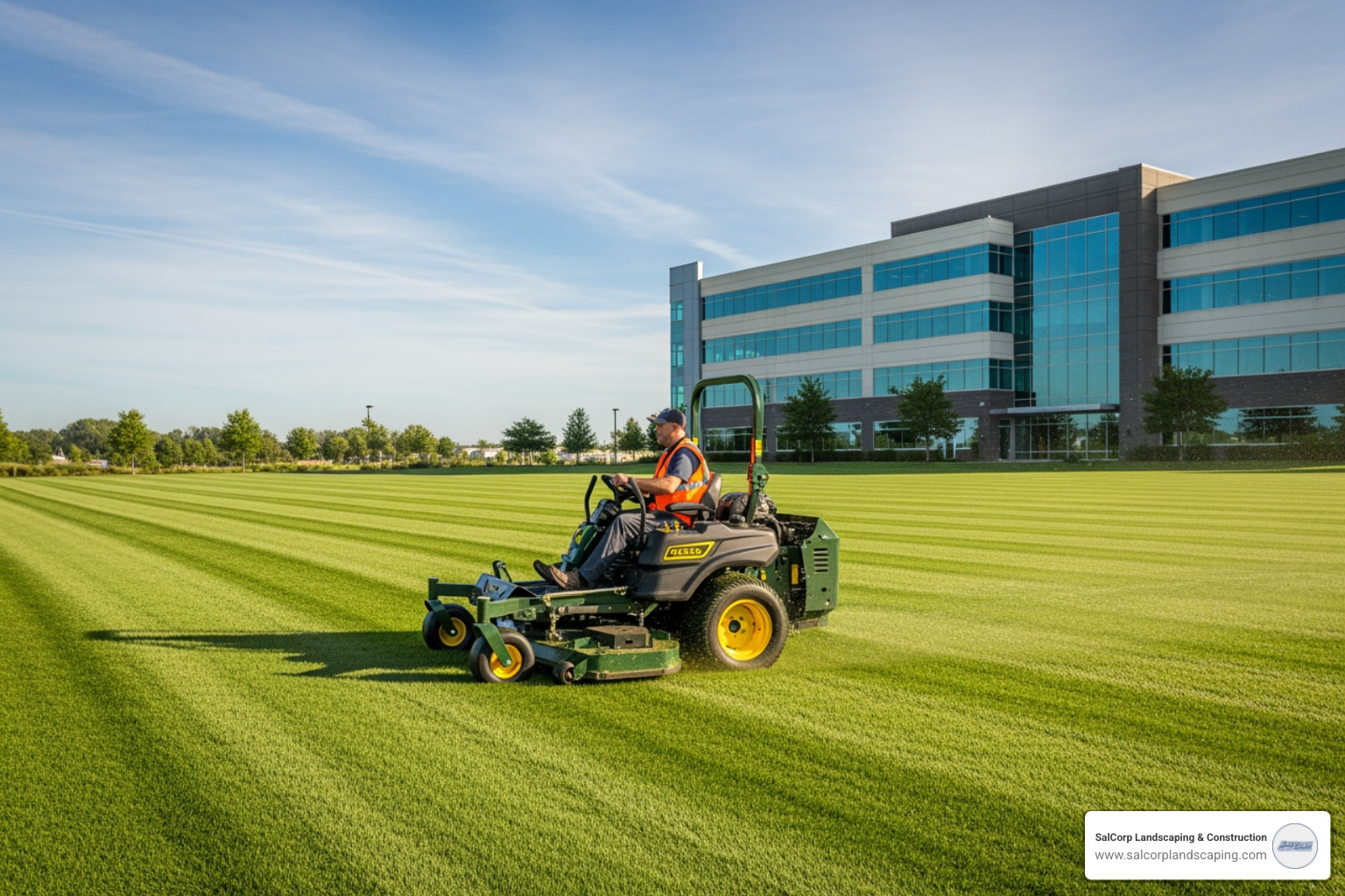 A large, zero-turn mower cutting a vast commercial lawn - Commercial Lawn Maintenance