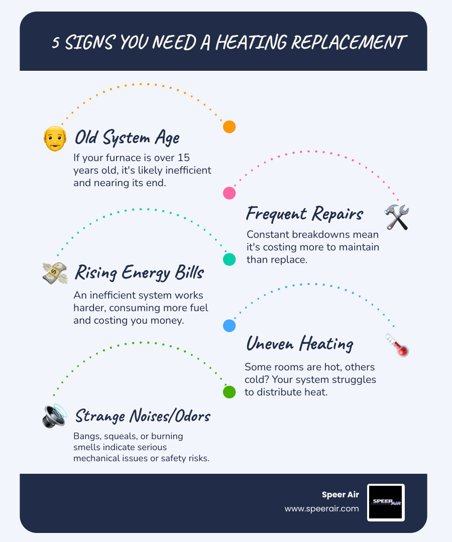 infographic showing the five key signs you need heating replacement: system age over 15 years, frequent repairs, rising energy bills, uneven heating between rooms, and strange noises or odors - best heating replacement in bergen county, nj infographic infographic-line-5-steps-blues-accent_colors infographic showing the five key signs you need heating replacement: system age over 15 years, frequent repairs, rising energy bills, uneven heating between rooms, and strange noises or odors - best heating replacement in bergen county, nj infographic infographic-line-5-steps-blues-accent_colors