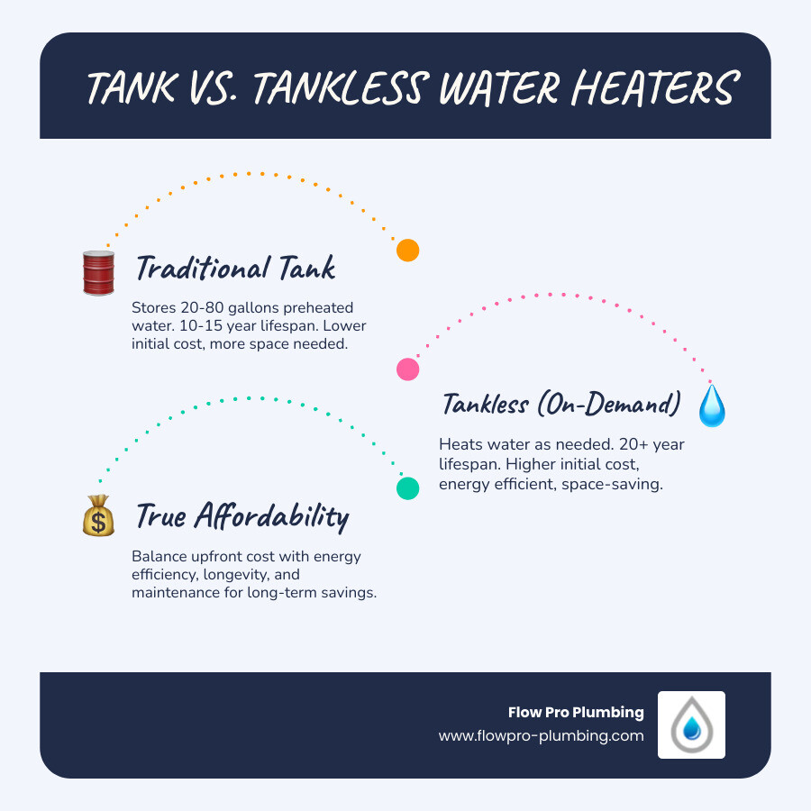 Infographic comparing traditional tank water heaters and tankless water heaters: Tank heaters store 20-80 gallons of preheated water, last 10-15 years, cost less upfront, and require more space; Tankless heaters heat water on demand, last 20+ years, save energy with no standby loss, cost more initially, and take up minimal space - affordable water heaters in brentwood, ca infographic infographic-line-3-steps-blues-accent_colors Infographic comparing traditional tank water heaters and tankless water heaters: Tank heaters store 20-80 gallons of preheated water, last 10-15 years, cost less upfront, and require more space; Tankless heaters heat water on demand, last 20+ years, save energy with no standby loss, cost more initially, and take up minimal space - affordable water heaters in brentwood, ca infographic infographic-line-3-steps-blues-accent_colors