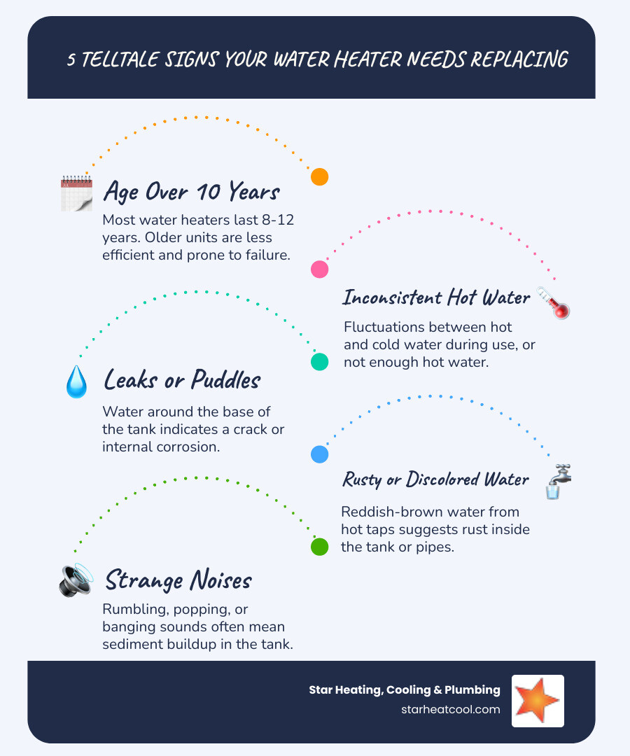 Infographic showing 5 key signs your water heater is failing: 1) Age over 10 years, 2) Inconsistent water temperature, 3) Visible leaks or puddles around the base, 4) Rusty or discolored water from taps, 5) Strange rumbling or popping noises from the tank - best water heater replacement in fishers, in infographic infographic-line-5-steps-blues-accent_colors Infographic showing 5 key signs your water heater is failing: 1) Age over 10 years, 2) Inconsistent water temperature, 3) Visible leaks or puddles around the base, 4) Rusty or discolored water from taps, 5) Strange rumbling or popping noises from the tank - best water heater replacement in fishers, in infographic infographic-line-5-steps-blues-accent_colors