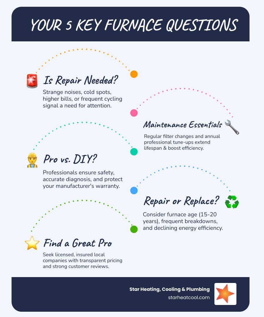 Infographic showing five key questions about furnace repair: warning signs to watch for, recommended maintenance schedule, benefits of professional service, when to replace vs repair, and how to choose a qualified contractor - residential furnace repair in New Palestine, IN infographic infographic-line-5-steps-blues-accent_colors Infographic showing five key questions about furnace repair: warning signs to watch for, recommended maintenance schedule, benefits of professional service, when to replace vs repair, and how to choose a qualified contractor - residential furnace repair in New Palestine, IN infographic infographic-line-5-steps-blues-accent_colors