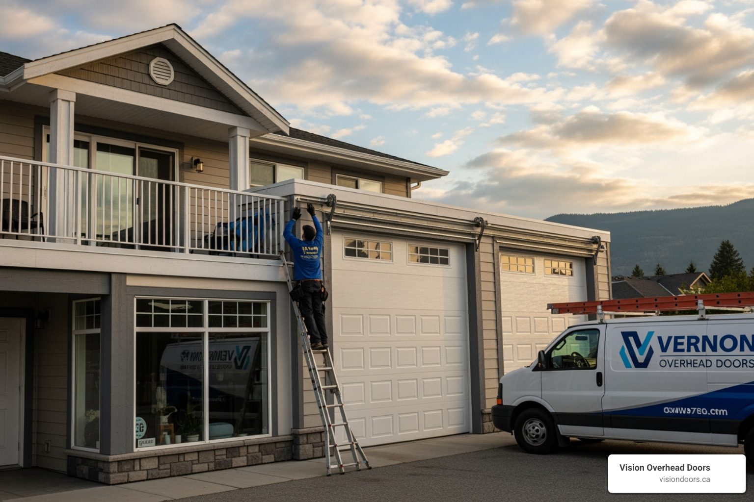 Infographic showing overhead door installation benefits including enhanced security with modern locking systems and safety sensors, improved energy efficiency through proper insulation reducing heating and cooling costs, increased property value with updated curb appeal, reliable daily operation with professional installation and balancing, climate-appropriate materials designed for Vernon's temperature extremes, and reduced maintenance costs through quality components and proper setup - residential commercial overhead door installation in vernon, bc Technician installing overhead door components on a residential property in Vernon, BC, with Vision Overhead Doors service van visible.
