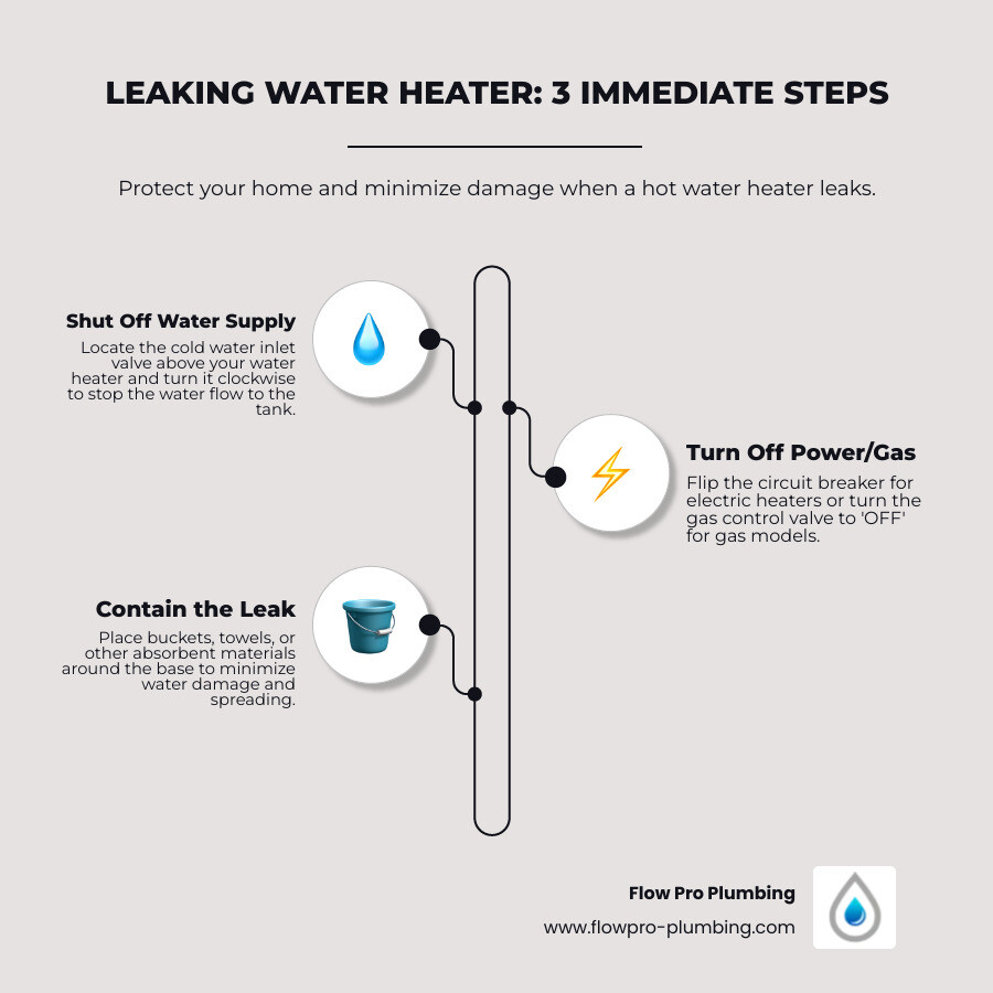 Infographic showing three immediate steps when discovering a water heater leak: Step 1 shows a hand turning off the water supply valve on the cold water inlet pipe, Step 2 displays turning off power at the circuit breaker or gas control valve, and Step 3 illustrates calling a licensed plumber while containing the leak with towels or a bucket - hot water heater leaking in brentwood, ca infographic infographic-line-3-steps-elegant_beige Infographic showing three immediate steps when discovering a water heater leak: Step 1 shows a hand turning off the water supply valve on the cold water inlet pipe, Step 2 displays turning off power at the circuit breaker or gas control valve, and Step 3 illustrates calling a licensed plumber while containing the leak with towels or a bucket - hot water heater leaking in brentwood, ca infographic infographic-line-3-steps-elegant_beige