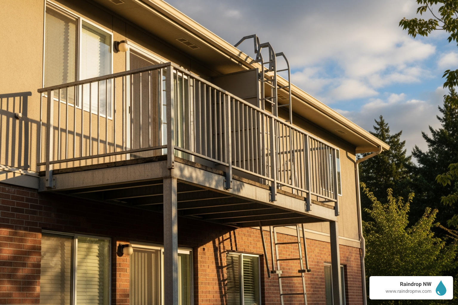 Infographic showing balcony dual function: top half depicts family relaxing on balcony with plants and furniture labeled "Everyday Use: Outdoor Living Space", bottom half shows same balcony with clear exit path, open window, and emergency ladder labeled "Emergency Use: Critical Escape Route" with key safety requirements listed: 44-inch max sill height, 5.7 sq ft opening, no obstructions, stable structure - emergency balconies in beaverton, or