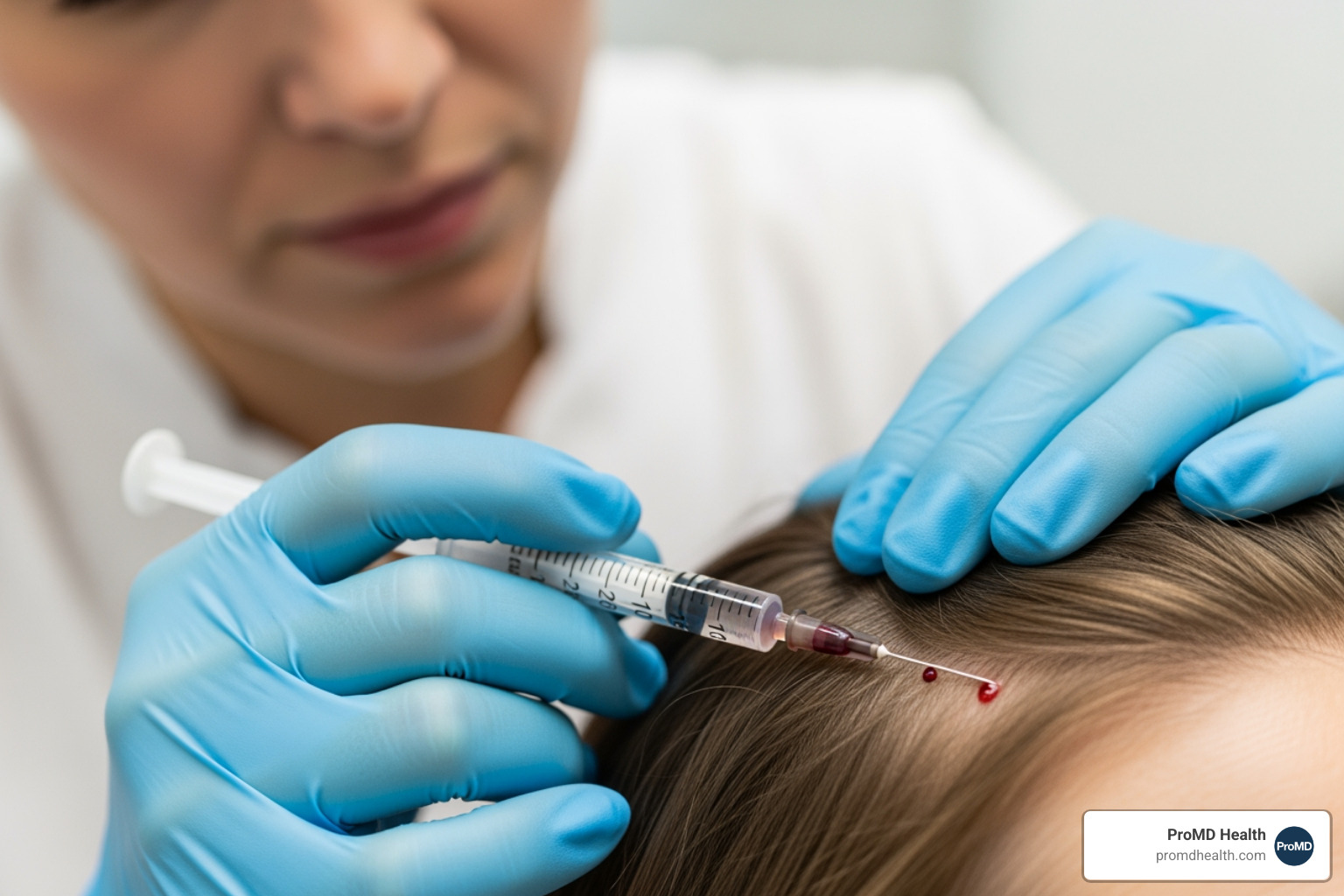A faceless provider administers PRP scalp injections to a patient. - hair loss treatment A faceless provider administers PRP scalp injections to a patient. - hair loss treatment