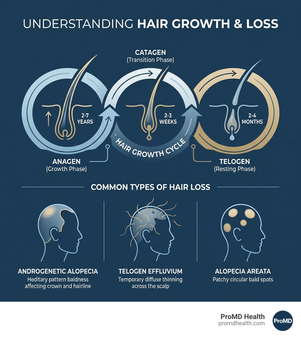 Infographic showing the hair growth cycle with three phases: Anagen (growth phase lasting 2-7 years), Catagen (transition phase lasting 2-3 weeks), and Telogen (resting phase lasting 2-4 months). Below, common types of hair loss are illustrated: Androgenetic Alopecia (hereditary pattern baldness affecting crown and hairline), Telogen Effluvium (temporary diffuse thinning across the scalp), and Alopecia Areata (patchy circular bald spots). - hair loss treatment infographic Infographic showing the hair growth cycle with three phases: Anagen (growth phase lasting 2-7 years), Catagen (transition phase lasting 2-3 weeks), and Telogen (resting phase lasting 2-4 months). Below, common types of hair loss are illustrated: Androgenetic Alopecia (hereditary pattern baldness affecting crown and hairline), Telogen Effluvium (temporary diffuse thinning across the scalp), and Alopecia Areata (patchy circular bald spots). - hair loss treatment infographic