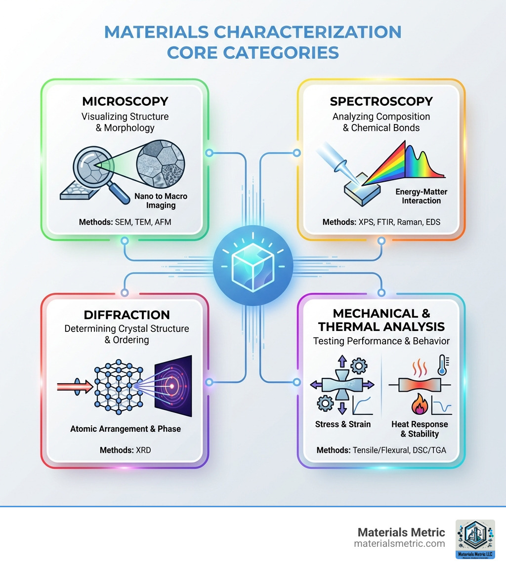 Infographic explaining the main categories of materials characterization: Microscopy, Spectroscopy, Diffraction, and Mechanical/Thermal Analysis - advanced material characterization techniques infographic 