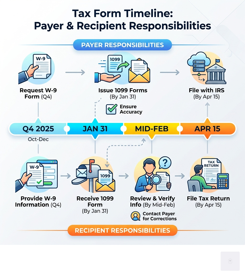 infographic showing timeline of W-9 request in Q4, 1099 forms issued by January 31, recipient reviews by mid-February, and tax filing by April 15, with visual flow showing payer responsibilities on top and recipient responsibilities on bottom - when do 1099 come out infographic 