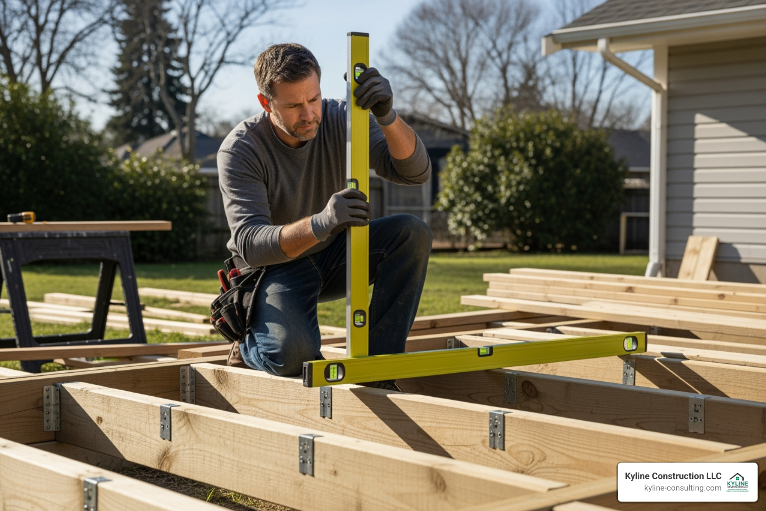 a professional builder ensuring a deck frame is perfectly level - deck builders near me a professional builder ensuring a deck frame is perfectly level - deck builders near me