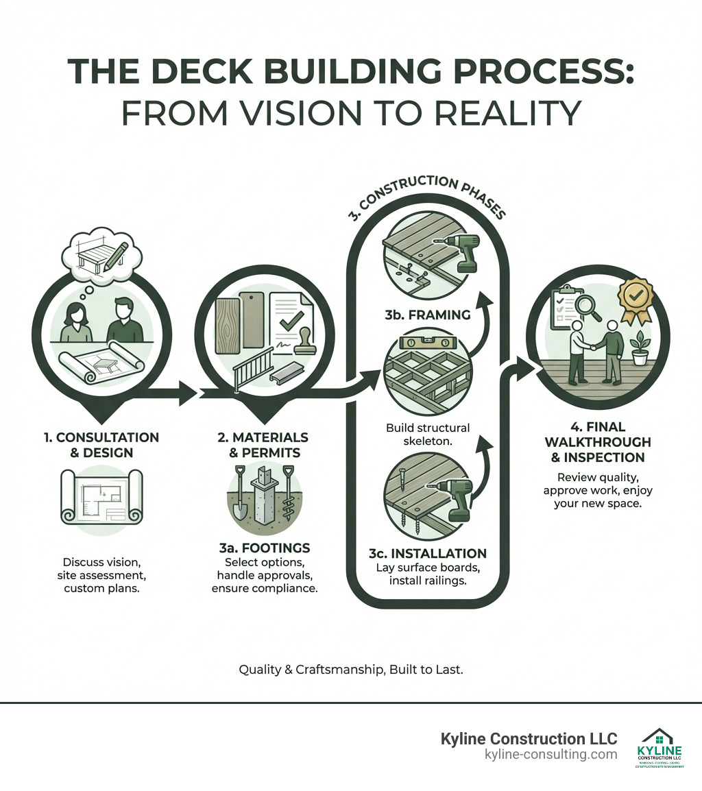 Complete guide showing the deck building process: from initial consultation and design, through material selection and permit approval, to construction phases including footings, framing, decking installation, and final walkthrough with quality inspection - deck builders near me infographic Complete guide showing the deck building process: from initial consultation and design, through material selection and permit approval, to construction phases including footings, framing, decking installation, and final walkthrough with quality inspection - deck builders near me infographic