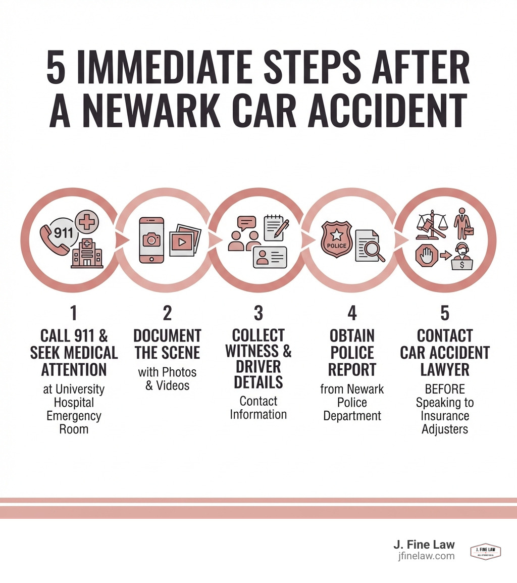 Infographic showing the 5 immediate steps after a Newark car accident: 1. Call 911 and seek medical attention at University Hospital Emergency Room, 2. Document the scene with photos and videos, 3. Collect witness contact information and driver details, 4. Obtain a police report from Newark Police Department, 5. Contact a car accident lawyer before speaking to insurance adjusters - Car Accident Lawyer Newark NJ infographic Infographic showing the 5 immediate steps after a Newark car accident: 1. Call 911 and seek medical attention at University Hospital Emergency Room, 2. Document the scene with photos and videos, 3. Collect witness contact information and driver details, 4. Obtain a police report from Newark Police Department, 5. Contact a car accident lawyer before speaking to insurance adjusters - Car Accident Lawyer Newark NJ infographic