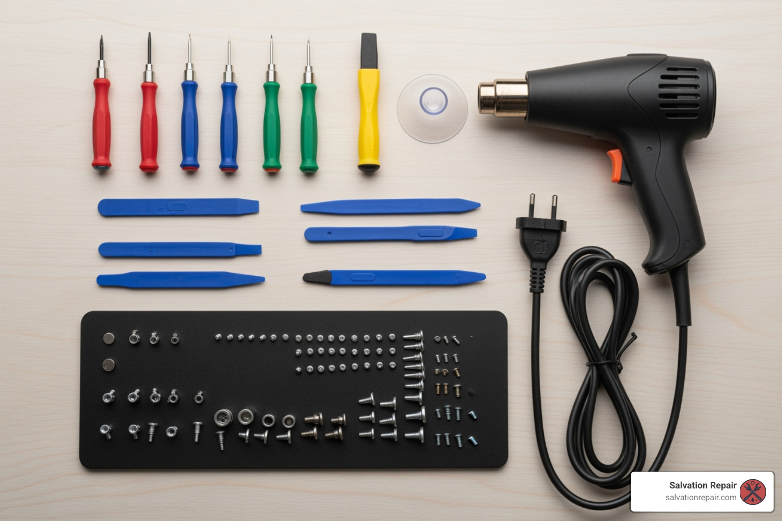 Complete iPhone repair toolkit laid out neatly - iphone 16 screen repair